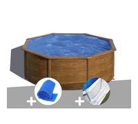 Kit piscine acier aspect bois Gré Sicilia ronde 3,70 x 1,22 m + Bâche à bulles + Tapis de sol