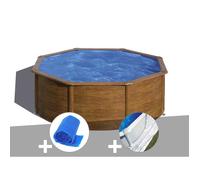 Kit piscine acier aspect bois Gré Sicilia ronde 3 70 x 1 22 m + Bâche à bulles + Tapis de sol