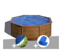 Kit piscine acier aspect bois Gré Sicilia ronde 3,70 x 1,22 m + Bâche hiver + Bâche à bulles