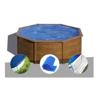 Kit piscine acier aspect bois Gré Sicilia ronde 3 70 x 1 22 m + Bâche hiver + Bâche à bulles + Tapis de sol