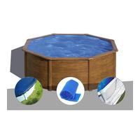 Kit piscine acier aspect bois Gré Sicilia ronde 3,70 x 1,22 m + Bâche hiver + Bâche à bulles + Tapis de sol
