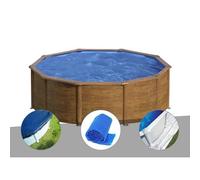 Kit piscine acier aspect bois Gré Sicilia ronde 4,80 x 1,22 m + Bâche hiver + Bâche à bulles + Tapis de sol