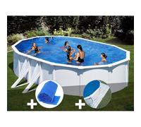Kit piscine acier blanc Gré Bora Bora ovale 6,34 x 3,99 x 1,22 m + Bâche à bulles + Tapis de sol