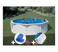 Kit piscine acier blanc Gré Bora Bora ronde 3,70 x 1,22 m + Bâche à bulles + Tapis de sol