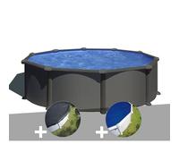 Kit piscine acier gris anthracite Gré Juni ronde 4,80 x 1,32 m + Bâche d'hivernage + Bâche à bulles