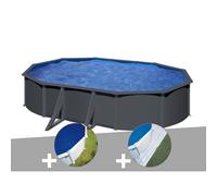 Kit piscine acier gris anthracite Gré Louko ovale 5,27 x 3,27 x 1,22 m + Bâche à bulles + Tapis de sol