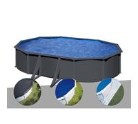 Kit piscine acier gris anthracite Gré Louko ovale 5,27 x 3,27 x 1,22 m + Bâche d'hivernage + Bâche à bulles + Tapis de sol