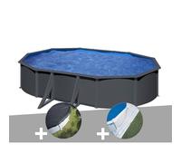 Kit piscine acier gris anthracite Gré Louko ovale 5,27 x 3,27 x 1,22 m + Bâche d'hivernage + Tapis de sol