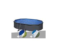 Kit piscine acier gris anthracite Gré Louko ovale 6,34 x 3,99 x 1,22 m + Bâche à bulles + Tapis de sol Gris G