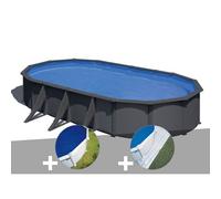Kit piscine acier gris anthracite Gré Louko ovale 7,44 x 3,99 x 1,22 m + Bâche à bulles + Tapis de sol
