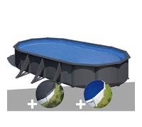 Kit piscine acier gris anthracite Gré Louko ovale 7,44 x 3,99 x 1,22 m + Bâche d'hivernage + Bâche à bulles