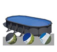 Kit piscine acier gris anthracite Gré Louko ovale 7,44 x 3,99 x 1,22 m + Bâche d'hivernage + Bâche à bulles + Tapis de sol