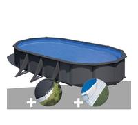 Kit piscine acier gris anthracite Gré Louko ovale 7,44 x 3,99 x 1,22 m + Bâche d'hivernage + Tapis de sol