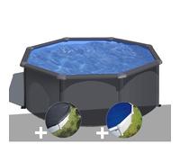 Kit piscine acier gris anthracite Gré Louko ronde 3,20 x 1,22 m + Bâche d'hivernage + Bâche à bulles