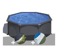Kit piscine acier gris anthracite Gré Louko ronde 3,20 x 1,22 m + Bâche d'hivernage + Tapis de sol