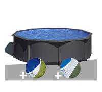 Kit piscine acier gris anthracite Gré Louko ronde 3,70 x 1,22 m + Bâche à bulles + Tapis de sol