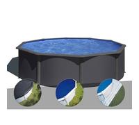 Kit piscine acier gris anthracite Gré Louko ronde 3,70 x 1,22 m + Bâche d'hivernage + Bâche à bulles + Tapis de sol