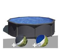 Kit piscine acier gris anthracite Gré Louko ronde 4,80 x 1,22 m + Bâche d'hivernage + Bâche à bulles