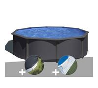 Kit piscine acier gris anthracite Gré Louko ronde 4,80 x 1,22 m + Bâche d'hivernage + Tapis de sol