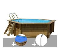 Kit piscine bois Gré Vanille Ø 4,00 x 1,19 m + Bâche à bulles + Douche