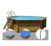 Kit piscine bois Gré Vanille Ø 4,00 x 1,19 m + Bâche hiver + Bâche à bulles + Douche