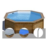 Kit piscine bois Gré Violette Ø 5,00 x 1,27 m + Bâche hiver + Bâche à bulles + Douche