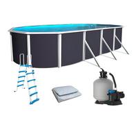 Kit Piscine hors sol ovale TOI 730x366x132 Anthracite Magnum-Filtre à sable 7,9m3-h et skimmer-Liner gris-Échelle de sécurité-Tapis