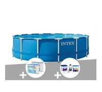Kit piscine tubulaire Intex Metal Frame ronde 4 57 x 1 22 m + 6 cartouches de filtration + Kit de traitement au chlore