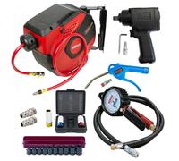 KIT PNEUMATIQUE AVEC MANOMETRE DE GONFLAGE ENROULEUR CLE A CHOC 19PCS