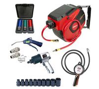 KIT PNEUMATIQUE AVEC MANOMETRE DE GONFLAGE ENROULEUR CLE A CHOC 19PCS