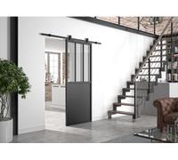 Kit Porte Coulissante Atelier, 204 x 93 cm, Verre Transparent, Noir, Rail Apparent