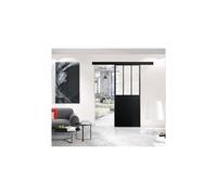 OPTIMUM - Porte coulissante + rail + kit barre d'atelier - H 204 x L 73 x P 4 cm - Verre noir transparent