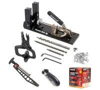 Kit pour perçage d'assemblages à tenon caché, comprenant un gabarit, des serre-joints, une scie et 500 vis