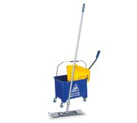 Kit professionnel de nettoyage des sols, y compris balai à franges Seau 2x15 L Roulettes Presse Housse d'essuyage Unger