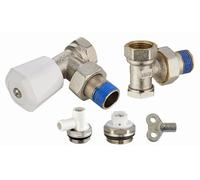 Kit radiateur : 1 robinet manuel équerre mâle M1/2' (15x21) + coude de réglage mâle M1/2' + 1 robinet de vidange à bec orientable M1/2' + 1 bouchon purgeur à bec orientable M1/2' + 1 clé à carré de 5 