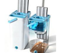 Kit Serpillère Plate et Seau Essoreur Sans Contact Main - 2 Lingettes Réutilisables, Manche en Acier Inoxydable - Système Nettoyage Sol Humide/Sèche 2 en 1 pour Maison Balai Serpillière et Seau