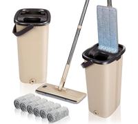 Kit serpillière Masthome avec seau et fonction essorage, 138cm, 6 tampons d'essuyage, serpillière microfibre plate, manche inox réglable