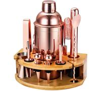 Kit Shaker à Cocktail avec Support 12 Pièces en Acier Inoxydable 750ML Pilon Verre Doseur Cocktail pour Bar à Domicile (Or Rose)