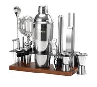 Kit Shaker Cocktail 23 Pièces avec Support, Acier Inox 304, Cadeau Barman | Kit bar complet pour la maison: shaker étanche, doseur, pilon, acier 18/8. Idéal pour débutants, amateurs de cocktails