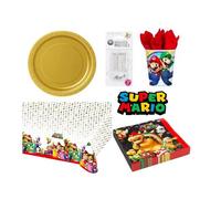 Kit Super Mario 16 Enfants Complet Anniversaire (16 Assiettes, 16 gobelets, 20 Serviettes, 1 Nappe + 10 Bougies Magiques) fête