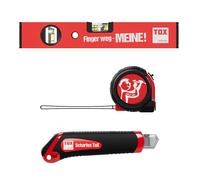 Kit TOX avec cutter, mètre ruban 5 m et niveau à bulle 30 cm, cutter pour moquette avec 2 lames de rechange, mètre ruban en boîtier ABS antichoc, 1 pièce chacun, réf. 09790903.