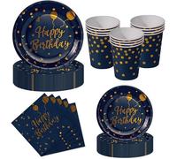 Kit Vaisselle Anniversaire 50 Pièces Bleu Marine et Or - 10 Assiettes Plates, 10 Assiettes Bleu Marine et Or