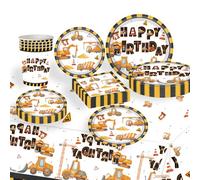 Kit Vaisselle Anniversaire Chantier pour 20 Invités | 81 Pièces Décoration Fête Excavatrice Assiettes Carton, Gobelets, Serviettes et Nappe