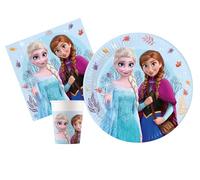Kit Vaisselle de Fête Disney Frozen Idyllic Wonder pour 24 personnes (88 pcs: 24 assiettes Ø23cm, 24 gobelets 200ml, 40 serviettes 33x33cm) en papier FSC compostable eco-friendly
