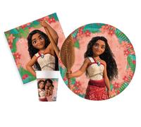 Kit Vaisselle de Fête Disney Moana Sailing Spirit pour 24 personnes (88 pcs: 24 assiettes Ø23cm, 24 gobelets 200ml, 40 serviettes 33x33cm) en papier FSC compostable eco-friendly