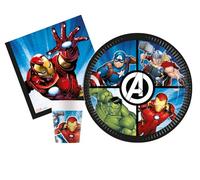 Kit Vaisselle de Fête Marvel Avengers Evergreen pour 8 personnes (36 pcs: 8 assiettes Ø23cm, 8 gobelets 200ml, 20 serviettes 33x33cm) en papier FSC compostable eco-friendly