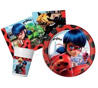 Vaisselle de fête Set de fête Miraculous Ladybug pour 24 personnes (88 pièces : 24 assiettes en carton Ø23cm, 24 gobelets 200ml, 40 serviettes 33x33cm)
