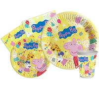 Kit Vaisselle de Fête Peppa Pig Peppa's Birthday pour 24 personnes (112 pcs: 24 assiettes Ø23cm, 24 assiettes Ø18cm, 24 gobelets 250ml, 40 serviettes 33x33cm) en papier compostable eco-friendly