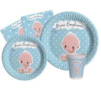 Kit Vaisselle de Fête Primo Compleanno pour 24 personnes (112 pcs: 24 assiettes Ø23cm, 24 assiettes Ø18cm, 24 gobelets 250ml, 40 serviettes 33x33cm) en papier compostable eco-friendly, bleu
