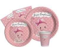Kit Vaisselle de Fête Primo Compleanno pour 24 personnes (112 pcs: 24 assiettes Ø23cm, 24 assiettes Ø18cm, 24 gobelets 250ml, 40 serviettes 33x33cm) en papier compostable eco-friendly, rose
